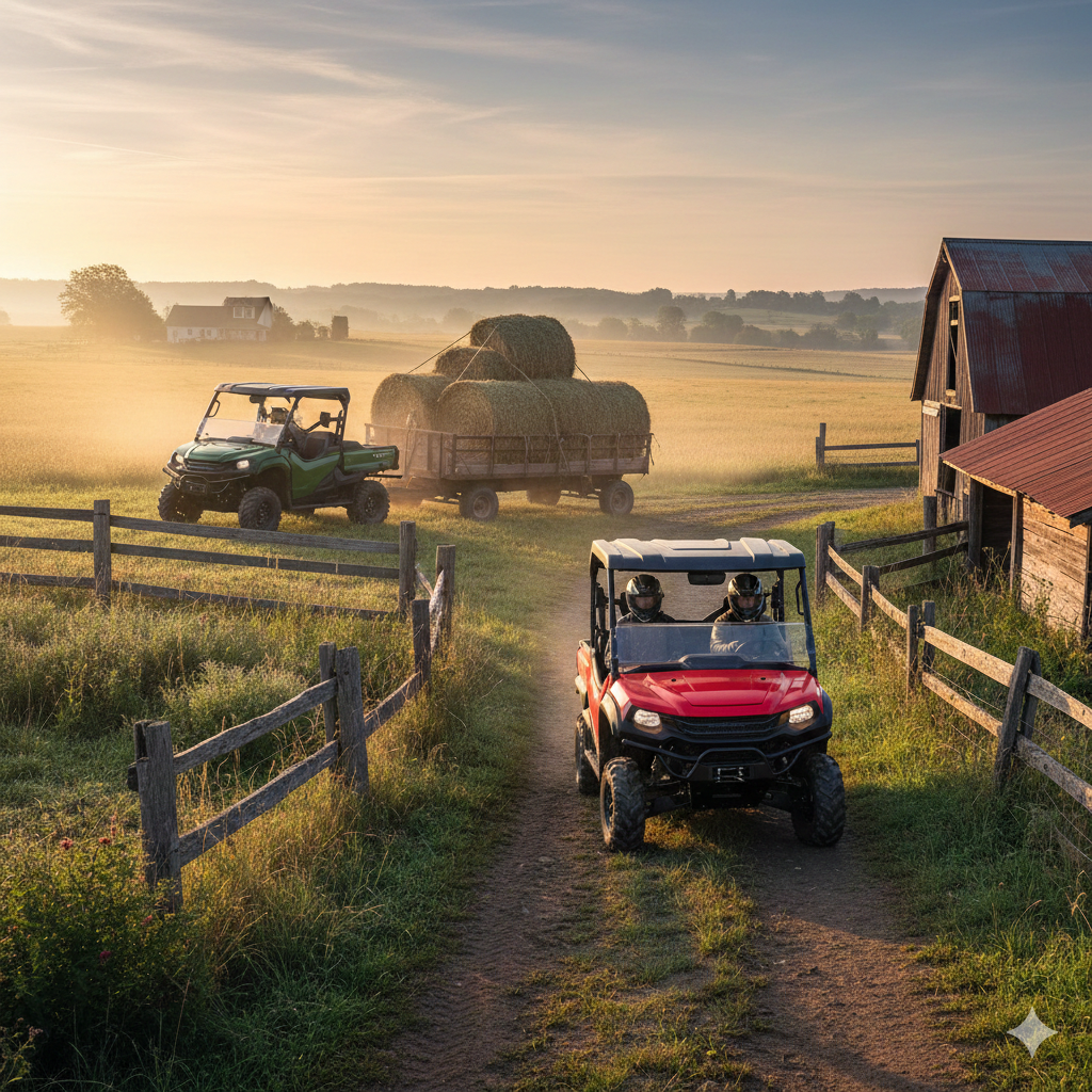 Honda Pioneer 700 hauling hay and Pioneer 520 navigating narrow farm paths