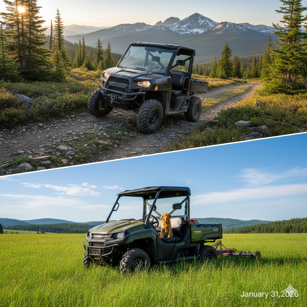 Polaris Ranger 570 on mountain trail and Honda Pioneer 700 in green field