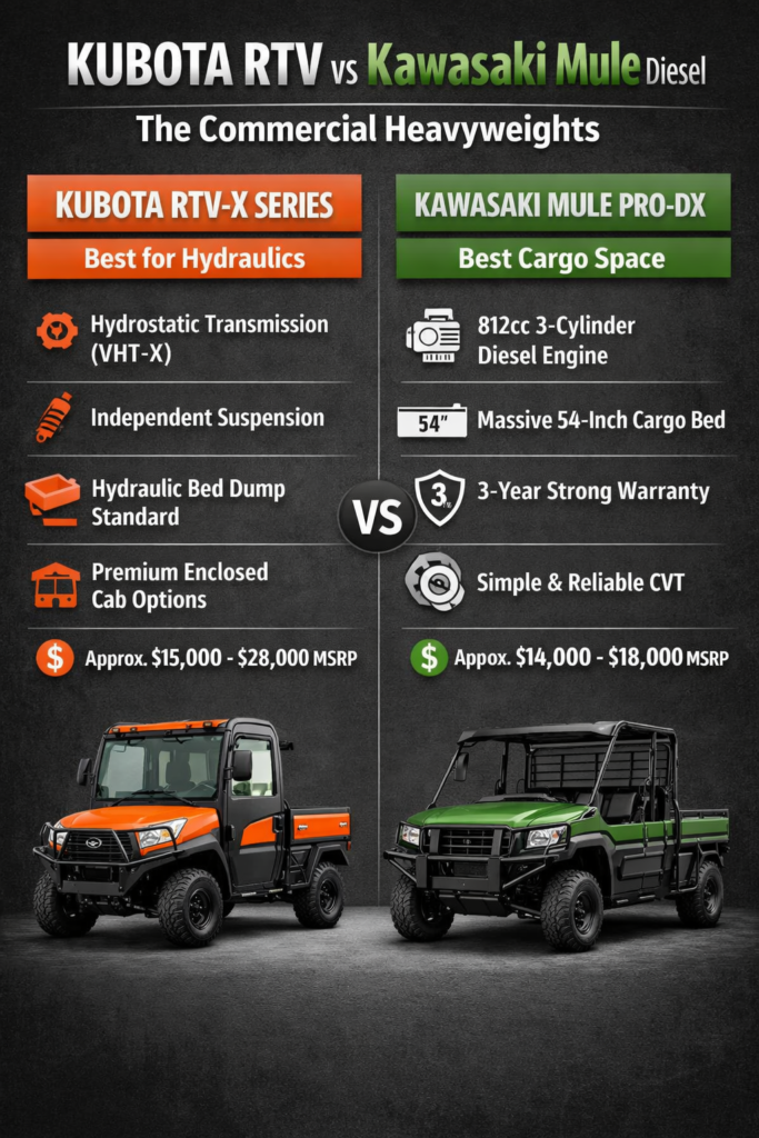 Title: Kubota RTV vs Kawasaki Mule Diesel: The Ultimate Diesel UTV Showdown

Meta Description: Dive into the Kubota RTV vs Kawasaki Mule Diesel comparison. We analyze engine, hydraulic power, transmission, and durability to find the best diesel workhorse for your farm or job site.