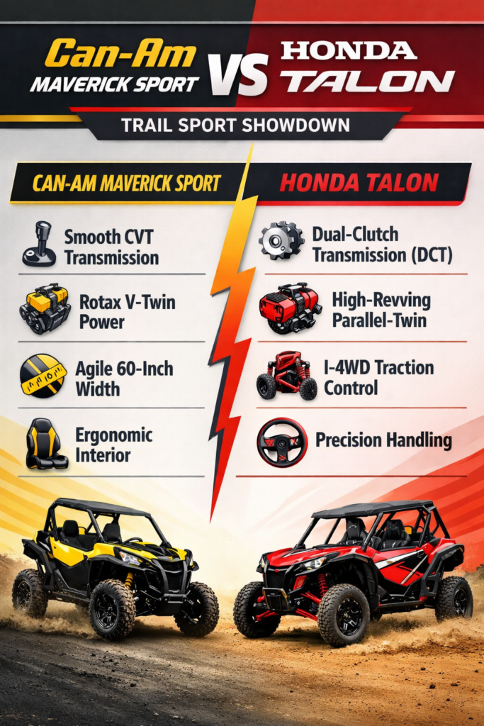 Title: Can-Am Maverick Sport vs Honda Talon: The Ultimate Trail Sport UTV Comparison

Meta Description: Choosing between the **Can-Am Maverick Sport vs Honda Talon**? We compare the Maverick's Rotax power and CVT to the Talon's DCT and I-4WD for trail agility, reliability, and pure sport performance.
