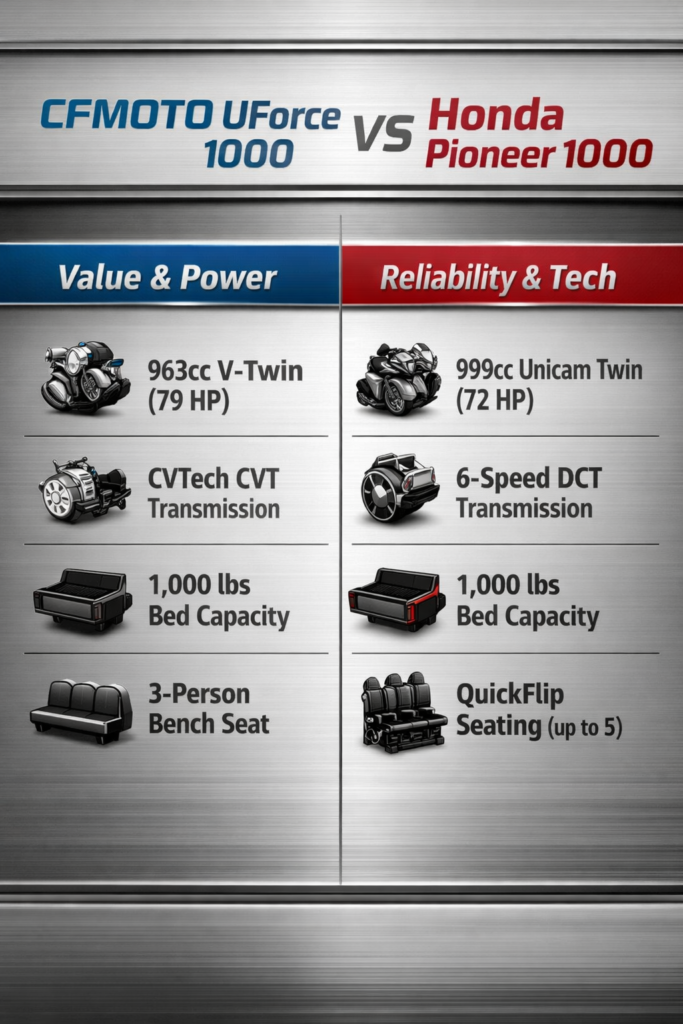 Infographic comparing CFMOTO UForce 1000 and Honda Pioneer 1000