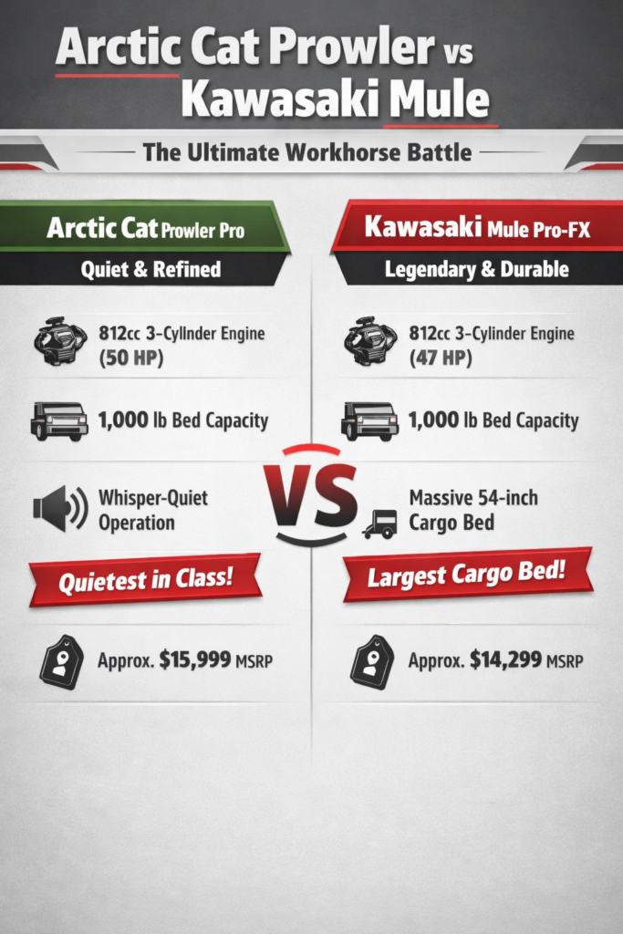 Title: Arctic Cat Prowler vs Kawasaki Mule: The Ultimate Workhorse UTV Comparison
Meta Description: Compare the Arctic Cat Prowler and Kawasaki Mule for farm and utility work. We break down engine, cargo capacity, noise level, and legendary durability to find your best work UTV.