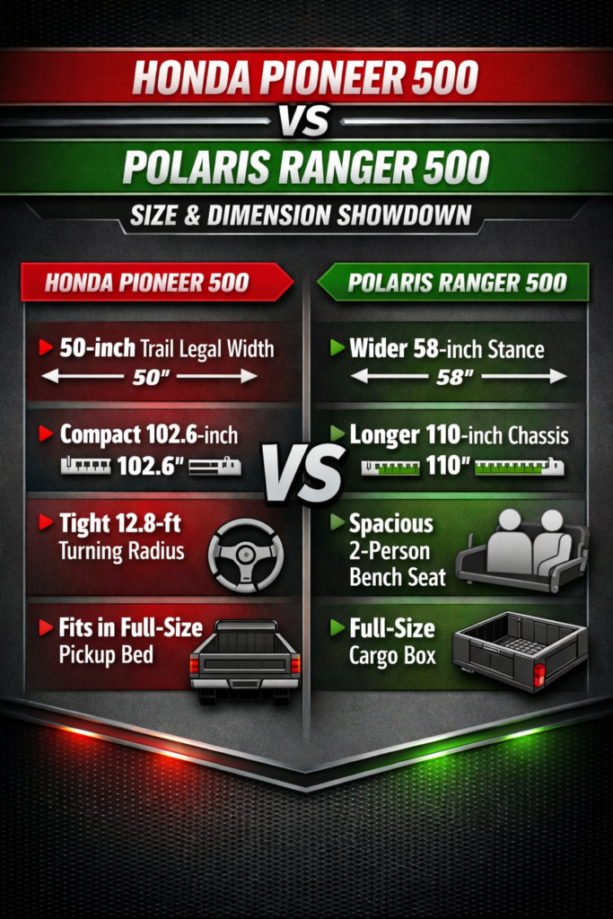 Title: Honda Pioneer 500 vs Polaris Ranger 500: The Ultimate Size Comparison Meta Description: Choosing between the **Honda Pioneer 500 vs Polaris Ranger 500 size comparison**? We break down the critical dimensions, from the Pioneer's 50-inch trail-legal width to the Ranger's wider stance and longer chassis, to help you pick the perfect fit for your property and trails.
