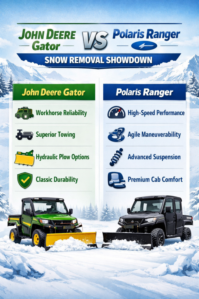 Infographic comparing John Deere Gator and Polaris Ranger snow removal features