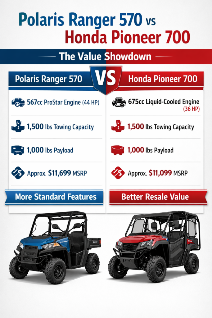 Title: Polaris Ranger 570 vs Honda Pioneer 700 Value: Which UTV Offers Better Bang for Your Buck? Meta Description: Compare Polaris Ranger 570 vs Honda Pioneer 700 value. Analyze MSRP, features, reliability, and resale value to determine which UTV offers the best investment