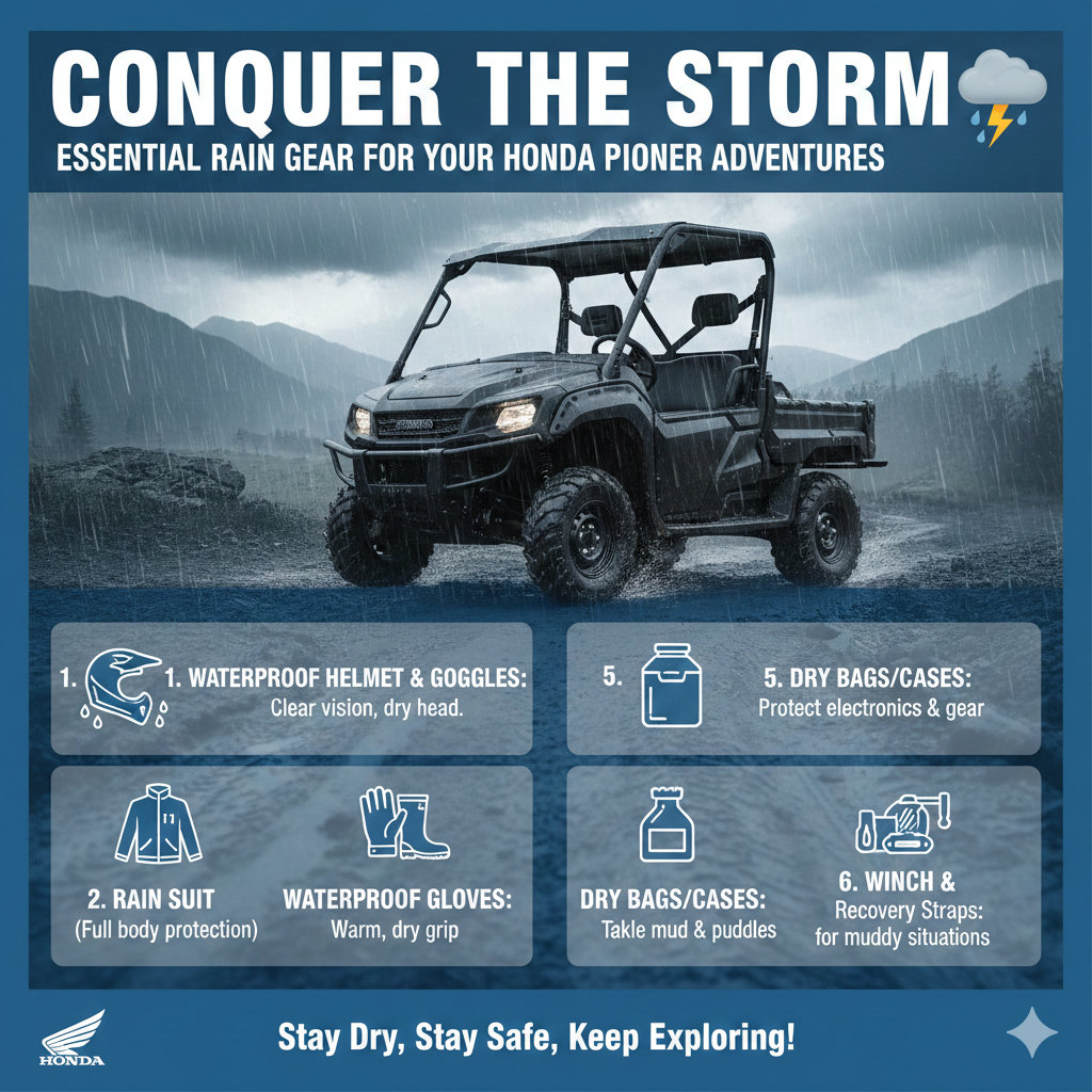 Infographic: Conquer the Storm: Essential Rain Gear for Your Honda Pioneer Adventures 🌧️